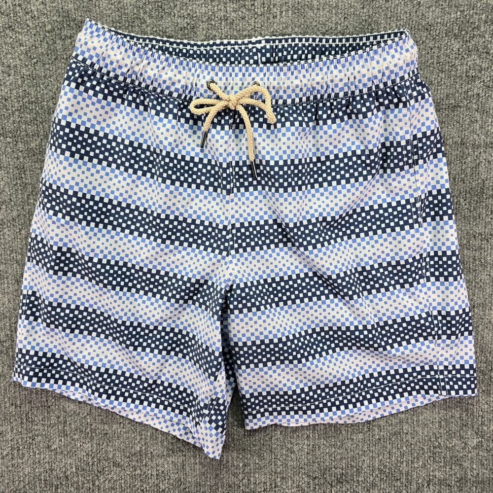Fair Harbor Swim Trunks Mens Medium 7" Blue Check Striped Lined Beach Pool Short